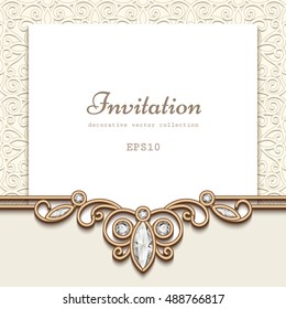 Elegant wedding invitation with jewelry diamond decoration, vintage save the date or greeting card template, eps10 vector illustration