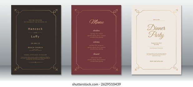 Convite de casamento elegante e cartão de menu definido em tons escuros com quadro Art Deco ouro. Inclui fundos pretos, marinhos e marrons. Ideal para celebrações luxuosas e formais.