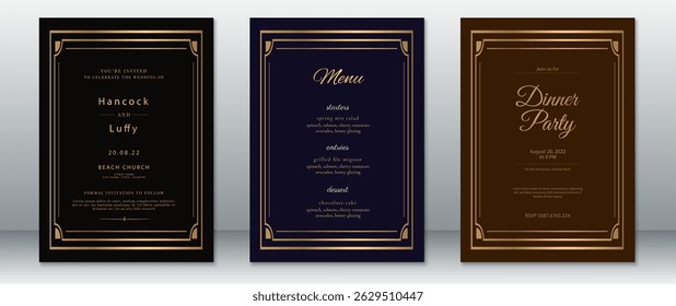 Convite de casamento elegante e cartão de menu definido em tons escuros com quadro Art Deco ouro. Inclui fundos pretos, marinhos e marrons. Ideal para celebrações luxuosas e formais.