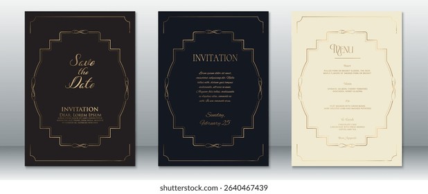 Elegant wedding invitation and menu card set featuring geometric gold frame elements on black, navy, and cream backgrounds. Ideal for modern, formal, and luxury celebrations.