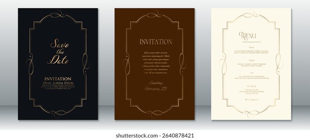 Elegant wedding invitation and menu card set in dark and cream tones with geometric golden frames. Perfect for vintage, formal, and luxury wedding themes.