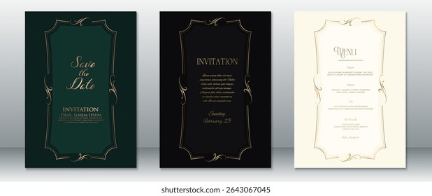 Convite de casamento elegante e conjunto de design de menu com um quadro de ouro gracioso em verde rico, preto clássico e fundos de creme macio. Perfeito para celebrações de casamento formais, vintage e de luxo.