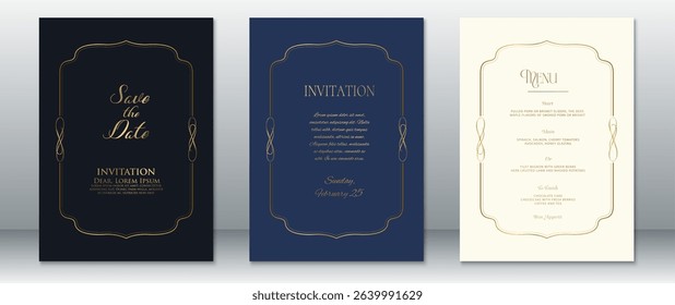 Elegant wedding invitation and menu set featuring gold line art on black, navy, and cream backgrounds. Perfect for formal ceremonies, luxury receptions, and timeless celebrations.