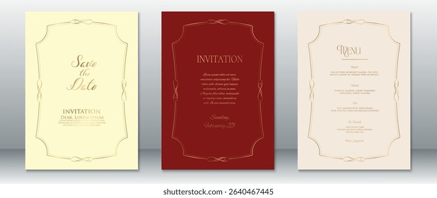 Elegant wedding invitation and menu set with golden frame details on cream and deep red backgrounds. Classic layout and refined fonts, perfect for vintage, formal, and romantic celebrations.