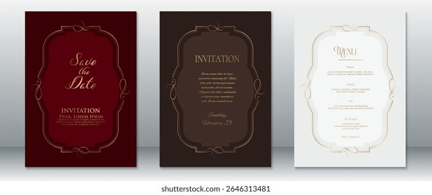 Elegant wedding invitation and menu set featuring curved gold frames on burgundy, dark brown, and light cream backgrounds. Ideal for luxury, classic, and vintage-themed wedding stationery. 