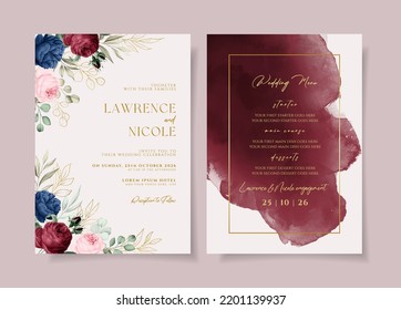 Elegant wedding invitation and menu template set with floral and leaves decoration