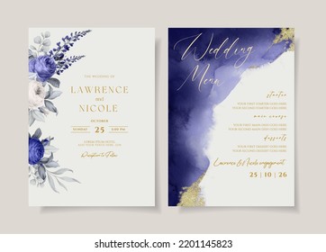 Elegant wedding invitation and menu template set floral and leaves decoration