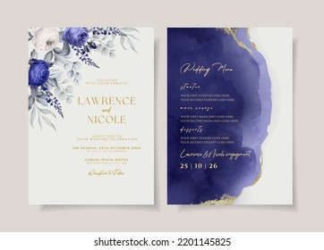 Elegant wedding invitation and menu template set floral and leaves decoration