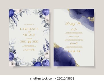 Elegante invitación a bodas y plantilla de menú conjunto floral y de hojas decoración