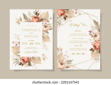 Elegant wedding invitation and menu template set with dried floral and leaves decoration