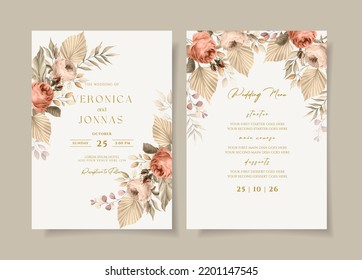 Elegant wedding invitation and menu template set with dried floral and leaves decoration