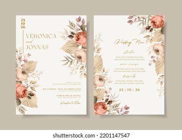 Elegant wedding invitation and menu template set with dried floral and leaves decoration