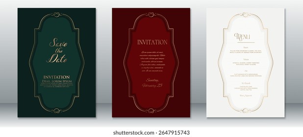 Elegant wedding invitation and menu templates featuring golden ornate frames on deep green, burgundy red, and soft cream backgrounds. Perfect for classic, formal, and luxurious wedding celebrations.