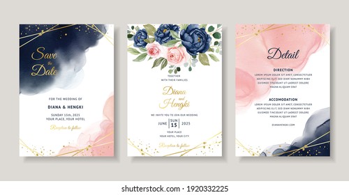 Elegant Wedding Invitation With Navy And Blush Watercolor