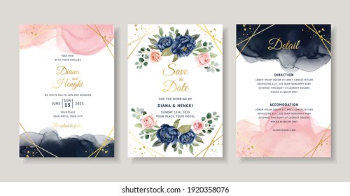 Elegant wedding invitation with navy and blush floral watercolor