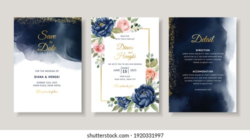 Elegant wedding invitation with navy floral watercolor