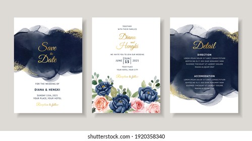 Elegant Wedding Invitation With Navy Floral Watercolor