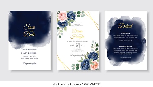 Elegante invitación a la boda con acuarela floral marina