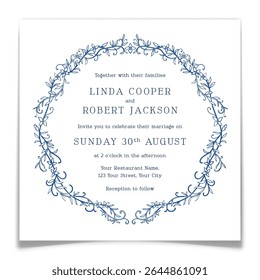 Cartão postal de convite de casamento elegante com coroa floral de arte de linha azul no estilo vintage toile de jouy. Redondo minimalista gravado flor quadro. Cartão comemorativo da cerimônia de casamento. Ilustração vetorial.