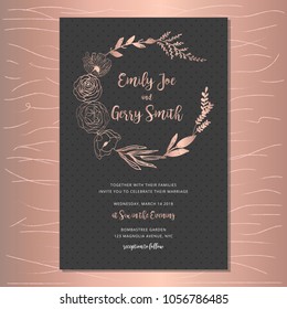 elegant wedding invitation with rose gold floral wreath