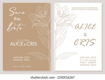 Elegant Wedding Invitation, Save the Date template. Minimalist botanical stylish Wedding invitation card with trendy greenery line art Lily flower Vector sketch style illustration.