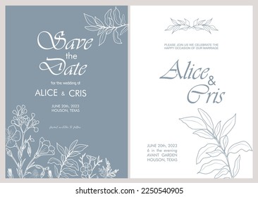 Elegant Wedding Invitation, Save the Date template. Minimalist botanical Wedding invitation card with trendy greenery line art wild flowers Vector illustration in modern dusty blue colors.