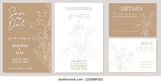 Invitación de boda elegante, Guardar la plantilla de fecha con tarjetas RSVP y Detalles. El minimalista botánico elegante Wedding Invitation está decorado con la moderna línea de vegetación Calla Lily flor Vector ilustración.