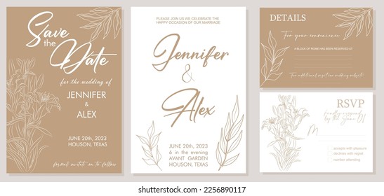 Invitación de boda elegante, Guardar la plantilla de fecha con RSVP, Tarjetas de detalles. Set minimalista botánico elegante de Invitación a la Boda, arte de línea de moda Lily flor y eucalipto deja ilustración vectorial.