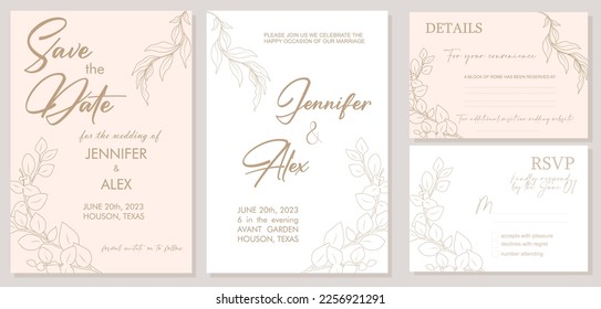 Elegant Wedding Invitation, Save the Date template with RSVP, Details cards. Minimalist botanical stylish Wedding Invitation set, trendy line art in blush pink and gold colors Vector illustration.