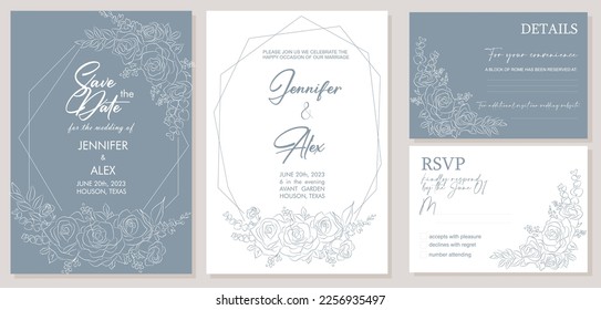 Invitación de boda elegante, Guardar la plantilla de fecha con RSVP, Tarjetas de detalles. Set minimalista botánico elegante de Invitación a la Boda, flor rosa de moda arte de línea en colores azul polvoriento Ilustración vectorial.