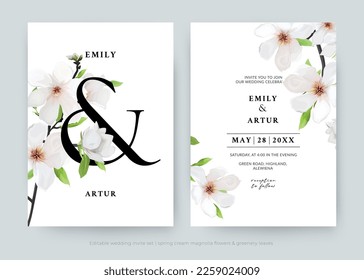 Elegant wedding invitation, save the date set. Magnolia branch: cream white flowers, greenery leaves decoration. Editable floral watercolor style vector art Illustration. Delicate spring card template