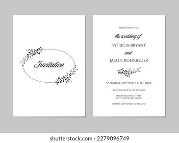 Elegant wedding invitation Save the Date template with silhouette of branch with leaves. Botanical rustic trendy greenery