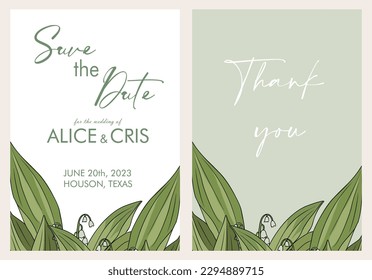 Elegant Wedding Invitation, Save the Date template with colored outline Lily of The Valley drawing. Minimalist botanical stylish vector illustration set, trendy line art in modern sage green colors.