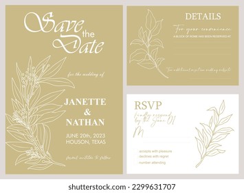 Elegant Wedding Invitation, Save the Date template. Minimalist botanical Wedding invitation card with eucalyptus leaves and branches line art drawing. Vector illustration in modern golden colors