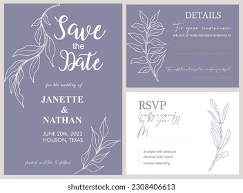 Elegant Wedding Invitation, Save the Date template. Minimalist botanical Wedding invitation card with eucalyptus leaves and branches line art drawing. Vector illustration in modern purple lilac color.