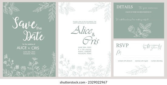 Invitación de matrimonio elegante, Guardar la plantilla Fecha. Tarjeta de invitación de la boda botánica minimalista con la línea verde de moda arte flores silvestres Ilustración vectorial en colores verdes de sabio modernos