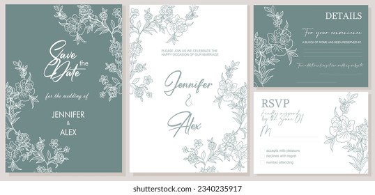 Invitación de boda elegante, Guardar la plantilla de fecha con RSVP, Tarjetas de detalles. Set minimalista botánico elegante de Invitación a la Boda, flor de moda arte de línea en colores verde sabio Ilustración vectorial.