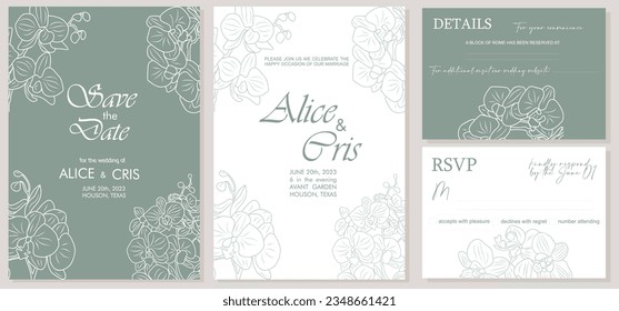Invitación de boda elegante, Guardar la plantilla de fecha con RSVP, Tarjetas de detalles. Arte minimalista botánico elegante de la línea de flores orquídeas en colores verdes de sabios modernos Ilustración vectorial