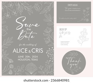 Elegant Wedding Invitation, Save the Date template. Minimalist botanical Wedding invitation card with trendy greenery line art wild flowers Vector illustration in modern pastel colors. Not created AI