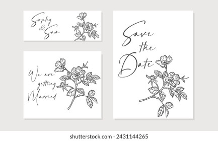 Invitación de boda elegante, Guardar la plantilla de fecha. Tarjeta de invitación de boda botánica minimalista con flores de arte de la línea de moda Ilustración vectorial en colores blancos y negros modernos.