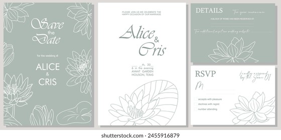 Elegant Wedding Invitation, Save the Date template with RSVP, Details cards. Minimalist botanical set with lotus, water lily, July birth month flower line art vector on sage green. Hand drawn, not AI