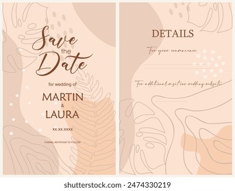 Elegante invitación a la Boda Guardar Plantilla, Tarjetas de invitación de Boda boho minimalista con hojas de arte de línea y Formas abstractas. Ilustración vectorial en colores beige neutro.