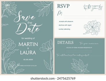 Elegant Wedding Invitation, Save the Date template. Minimalist botanical Wedding invitation card with trendy botanical line art wild flowers, leaves. Vector illustration in modern sage green colors