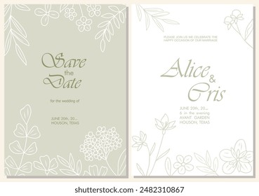 Elegant Wedding Invitation, Save the Date template. Minimalist botanical Wedding invitation card with trendy greenery line art wild flowers Vector illustration in modern sage green colors.