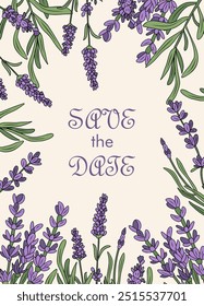 Elegante convite de casamento, Salvar o modelo de data. Cartão de convite de casamento botânico minimalista com flores coloridas contorno lavanda Ilustrações vetor em fundo bege pastel.