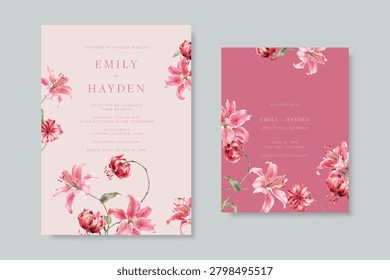 Elegant wedding invitation and save the date template card set with watercolor Lilium Sorbonne and Lilium chalcedonicum flowers on a solid pink background