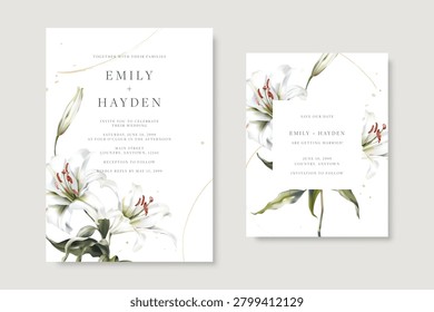 Elegant wedding invitation and save the date template card set with watercolor white Lily Casa Blanca flowers and gold lines on a white background