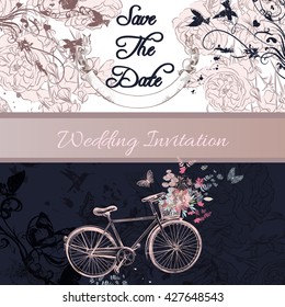 Elegant wedding invitation or save the date card with bicycle and roses in vintage style
