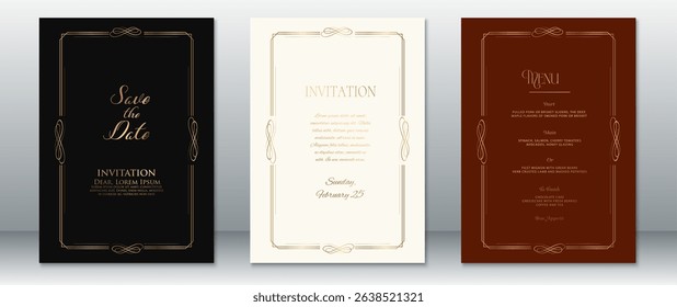 Elegant wedding invitation set in black, cream, and burgundy with gold accents. Features ornate frames and classic typography, perfect for formal celebrations.