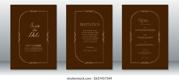 Elegant wedding invitation set in brown with gold ornamental frames. Includes Save the Date, formal invitation, and dinner menu cards. Perfect for classic, vintage, or luxury wedding themes.
